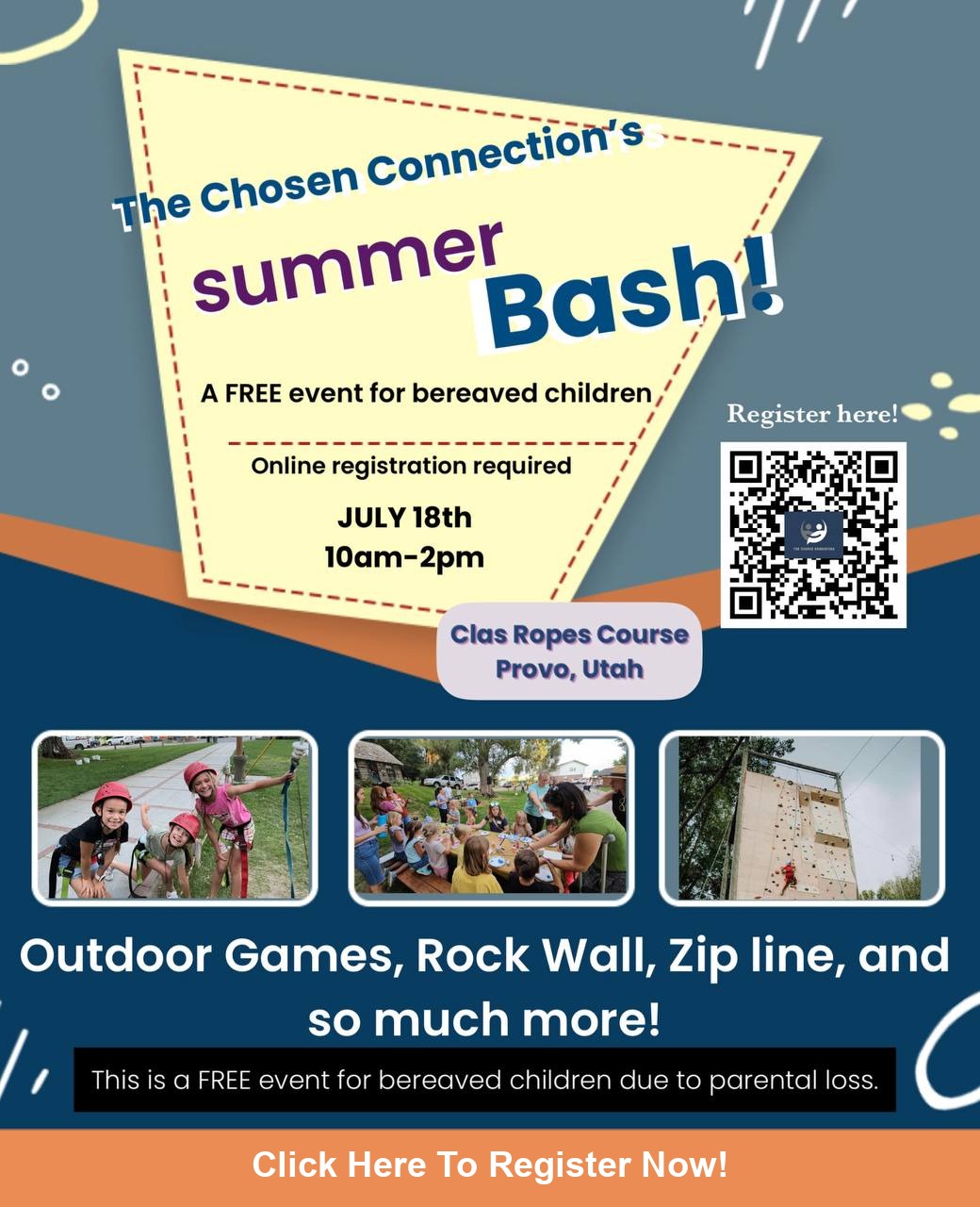 The Chosen Connection's Summer Bash flyer — July 18, 10am–2pm, Clas Ropes Course, Provo, Utah